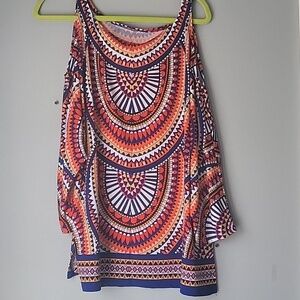 Avenue abstract print cold shoulder slinky knit top